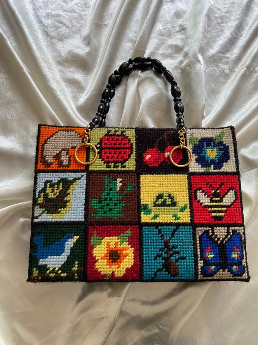 Unique Vintage 1970s Handmade Needlepoint Retro Ecology Boho Purse Novelty